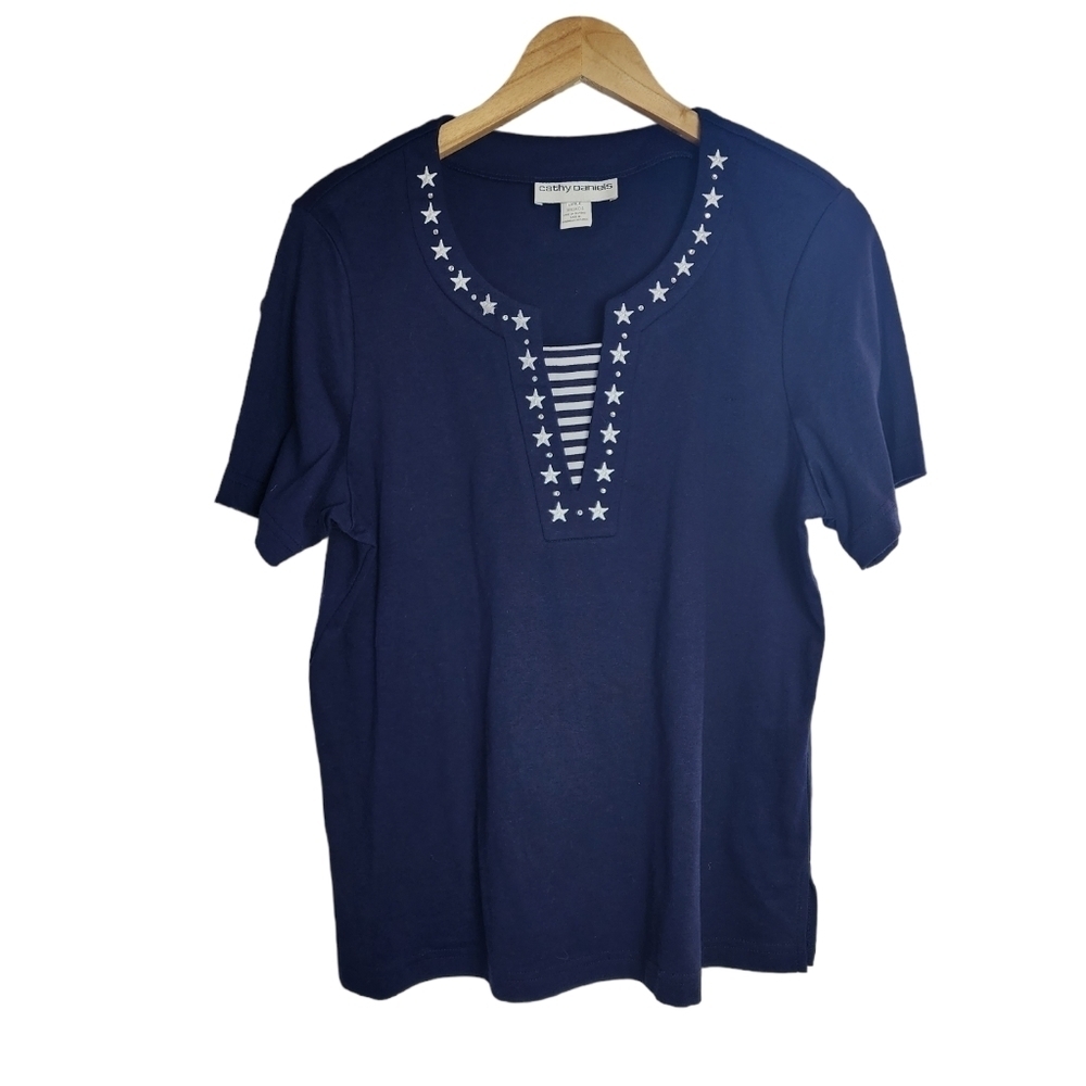 Cathy Daniel's Embroidered & Rhinestone Short Sleeve Pullover Top Size L NWT